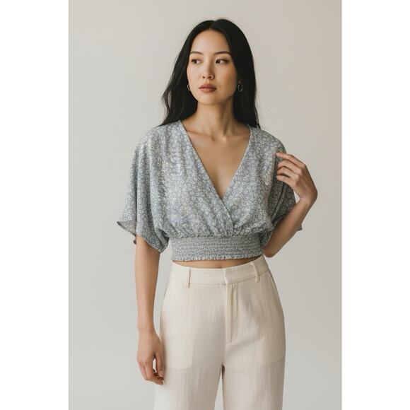 bohme Tops - Bohme Smocked Crop Top Medium Baby Blue Ditzy Floral Dolman Sleeve Shabby Chic